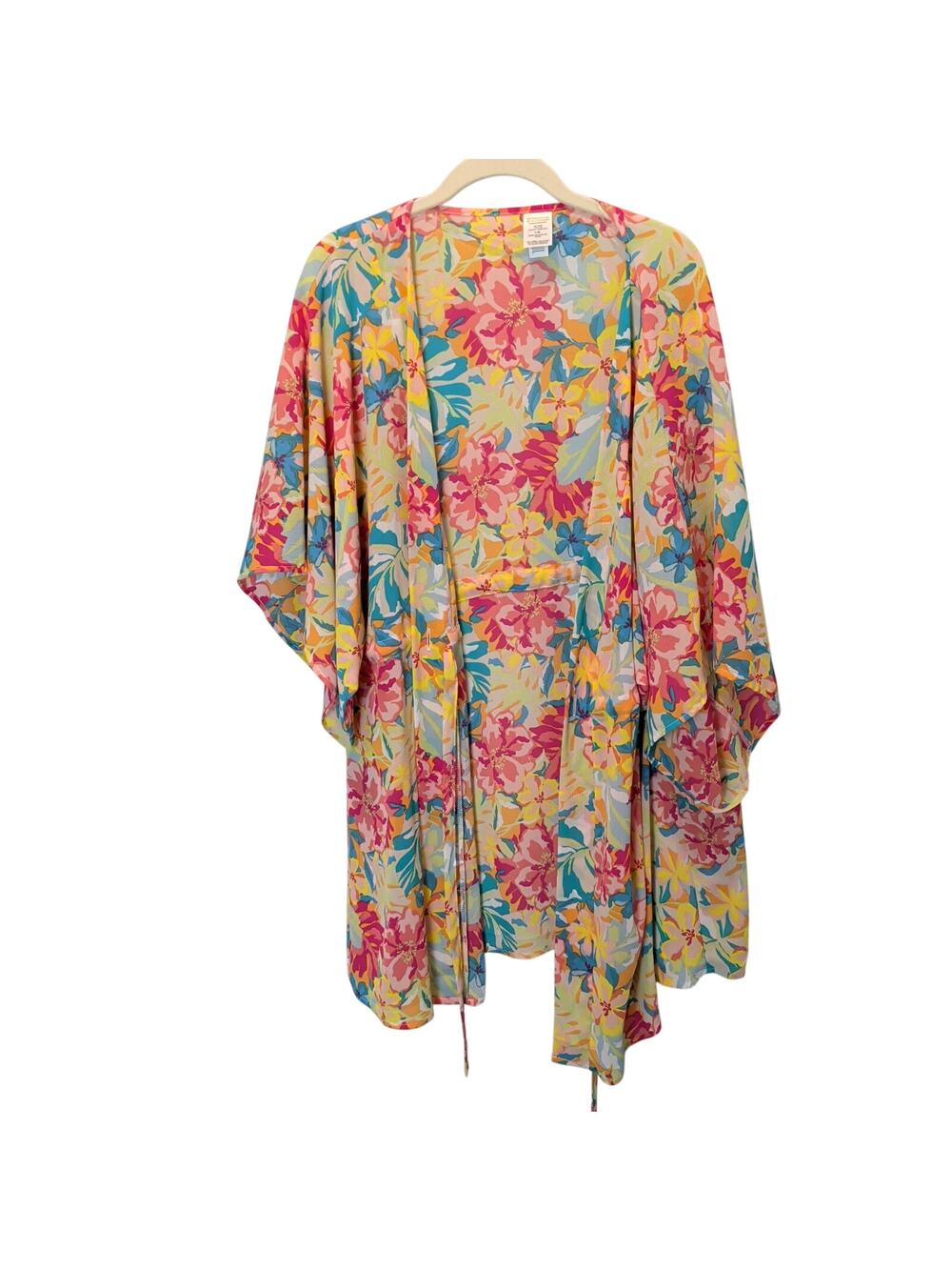 Bright Colorful Floral Beach Swim Cover Up Kimono Sz L-XL Tie Front Tropical